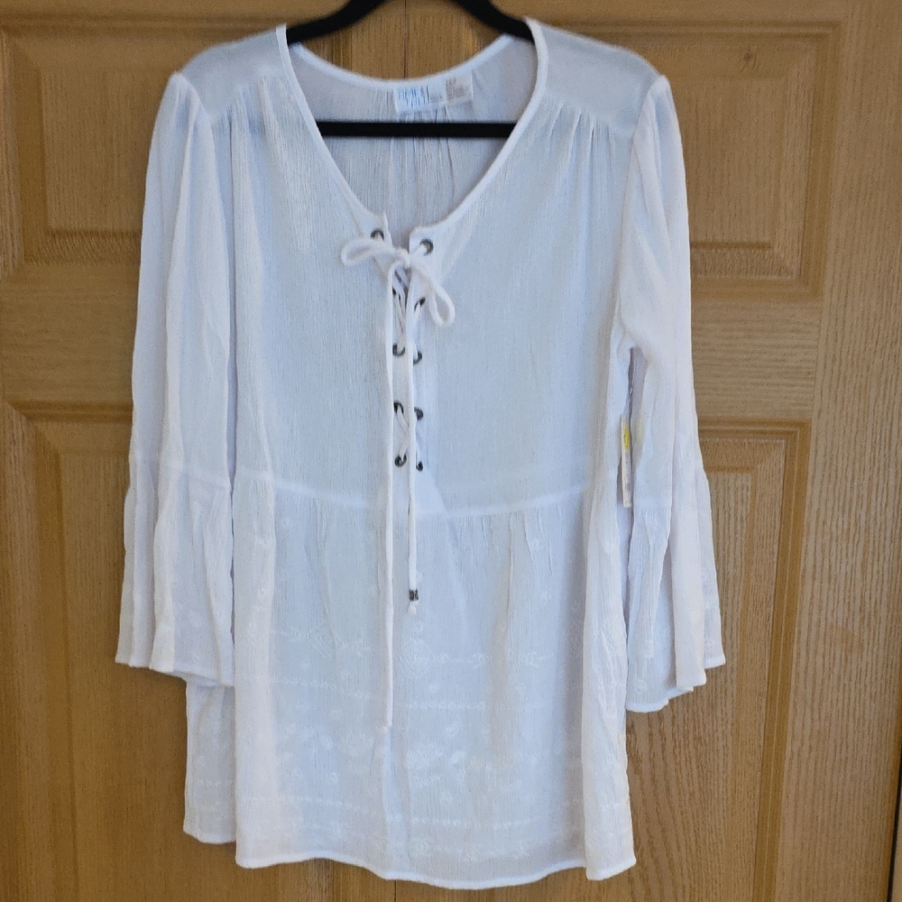 Time and Tru‎ Boho Gypsy Bell Sleeve - White Lace-Up Blouse Sz S